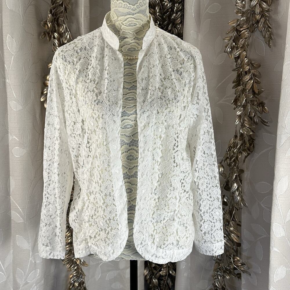Tudor Court White Floral Lace Open Front Jacket Mandarin‎ Collar PM